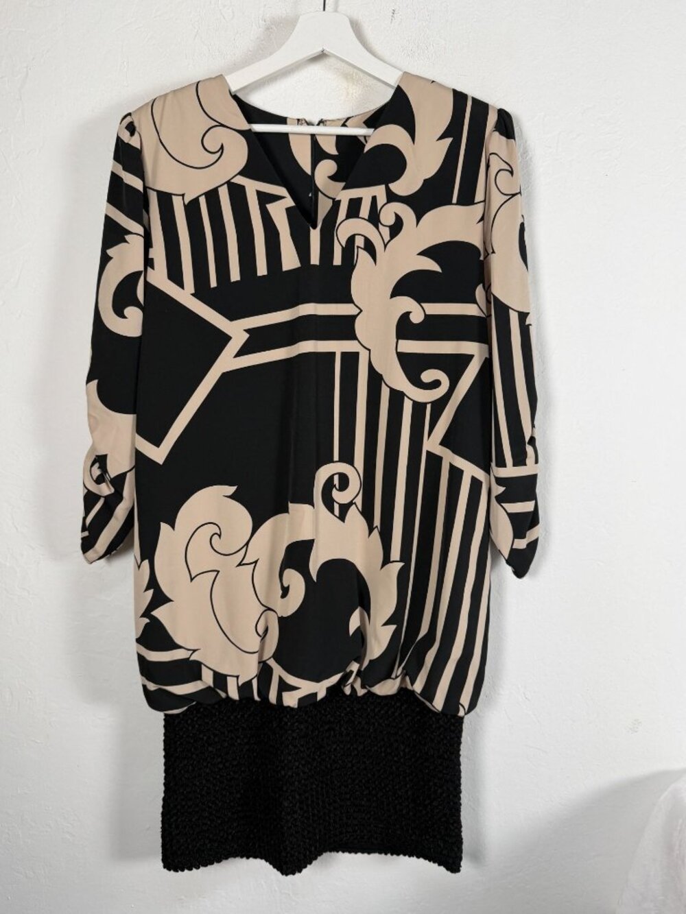 Siasia New York Black Tan Baroque Print Smocked Hem Blouson Dress Size 12 USA